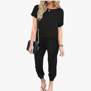 Casual One Piece Jumpsuit Romper Black W/ side Utility Pockets Draw Waist Sz M